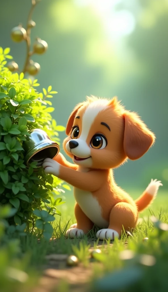Cartoon anime 3D characters of The puppy finds the shiny silver bell tangled in a green bush. He carefully uses his paw to nudge it out, a look of satisfaction on his face. The scene is filled with greenery, with the bush in focus and the bell gleaming.