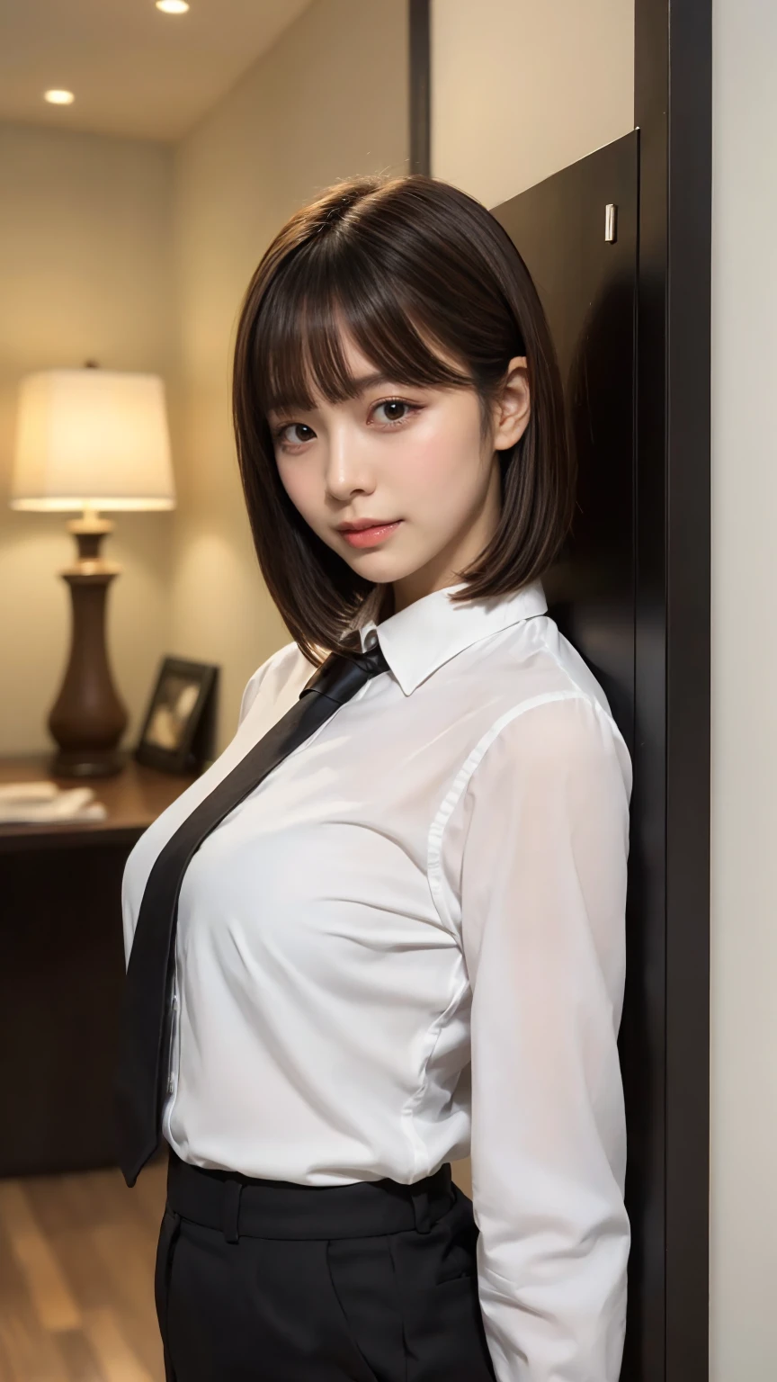 ((masterpiece))、((Highest quality))、photograph、reality、High resolution、Advanced Depth of Field、become close、Realistic lighting、secretary、Delicate facial features、Realistic background and accessories、(Big Breasts:1.2)、(narrow and constricted waist,:1.1)、(Thin and beautiful legs)、Sexy lips、Wide Shot、Thighs、(smile:1.3)、Emphasize the weight, soft, (Saggy breasts:1.5)、whole body、(White shirt with buttons and collar:1.5)、(Short grey tight skirt:1.5)、(Beautiful woman at 50 years old:1.5)、(Wrinkles around the eyes:1.5)、(Wrinkles around the mouth:1.5)、(Erect nipples:1.2)