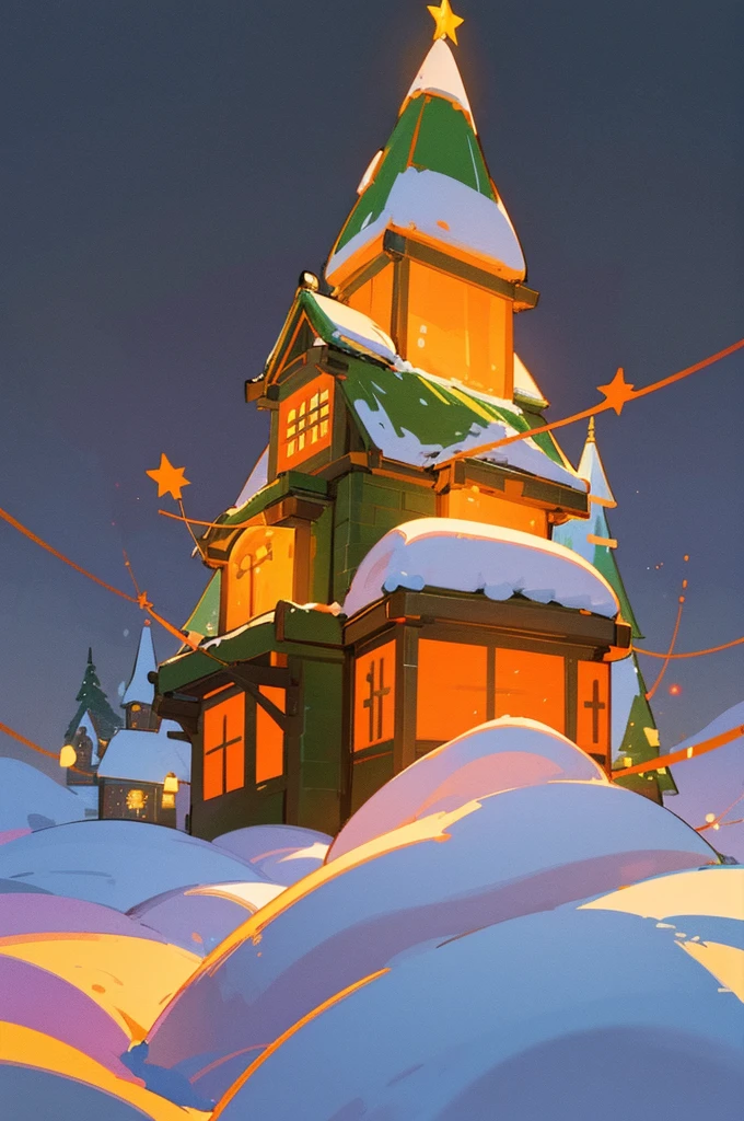 In a vast snow-covered landscape、Create a pixel art drawing that incorporates Halloween and Christmas elements。Snow-covered streets and buildings、Christmas tree and pumpkin objects、Include elements that will give a festive feel.。Also、The overall color scheme is unified in cool colors.、Add some Christmas lights or Halloween orange accents。