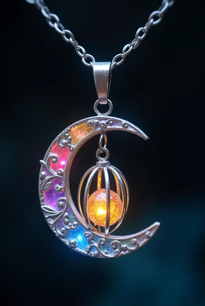 This is an enchanting crescent moon necklace, featuring a glowing, luminescent design. The crescent moon pendant is large and dominates the design, curving gracefully with a delicate filigree pattern that adds intricate detail to its surface. The crescent has a soft, radiant Rainbow glow that emanates from within, creating a magical and otherworldly effect. Hanging from the inside of the crescent moon is a small, spherical crystal or orb, encased in an ornate, silver metal cage. The orb also emits a faint Rainbow glow, harmonizing with the light of the crescent moon. The metal cage surrounding the orb is intricately designed, with delicate swirls and loops that add a touch of elegance and complexity. The pendant is attached to a fine, silver chain that complements the overall design. The chain is simple and unobtrusive, allowing the focus to remain on the glowing crescent moon and orb pendant. The overall aesthetic of the necklace is mystical and celestial, perfect for someone who appreciates unique, fantasy-inspired jewelry with a touch of magic.
