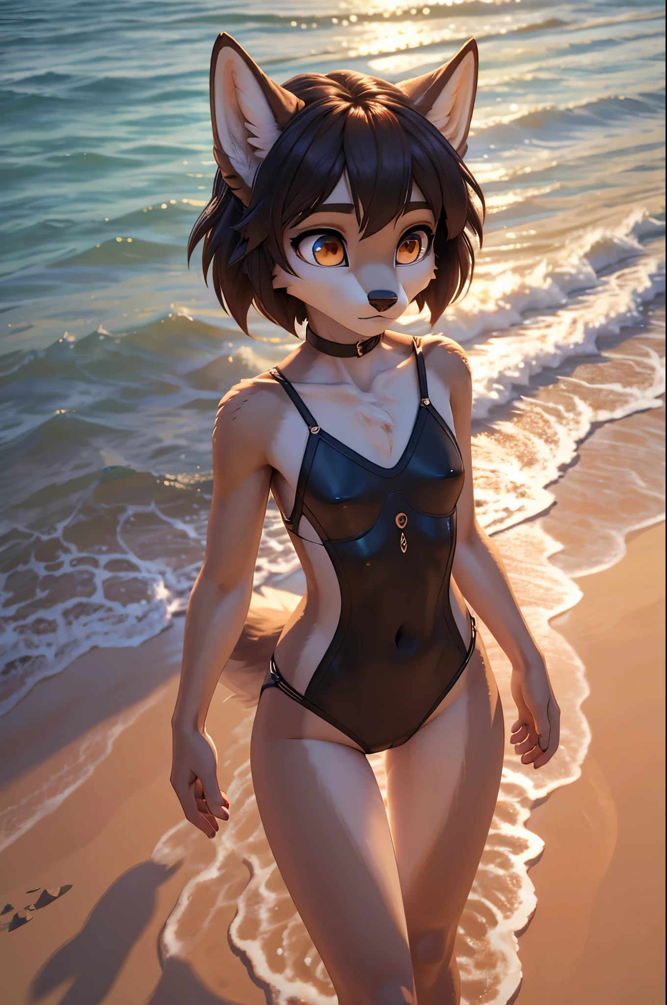 A beautiful, (masterpiece), high quality, perfect lighting, highly detailed CG Unity 8k wallpaper, high resolution, perfect lighting, youthful, adolescent, slim, skinny, frail slender figure, distinctly feminine figure, narrow hips, close-up shot, detailed face, big plump chest, youthful, tall, slim, anthropomorphic wolf woman, round amber eyes, black button nose, distinctly feminine figure, frame, perky ears, thick, fluffy, volumetric russet fur with black markings, long legs, look of wonder, first time seeing ocean, bohemian swimsuit, hair in messy pixie cut, cinematic high fidelity 3D CAD model style, sandy beach, crashing waves, looking up, sense of awe and new experiences, top down camera angle, fluffy legs, sandy ground