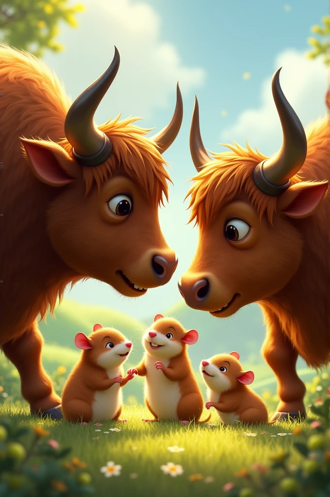 A family of bulls playing with their baby hamsters