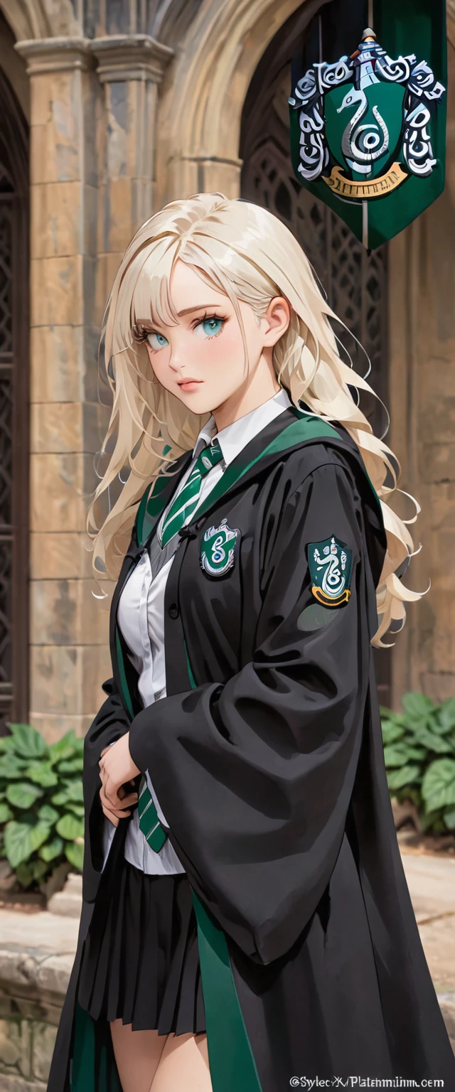 solo、、slytherin uniform, slytherin emblem, black robe、Straight Hair、Platinum Blonde Hair、huge breasts、face