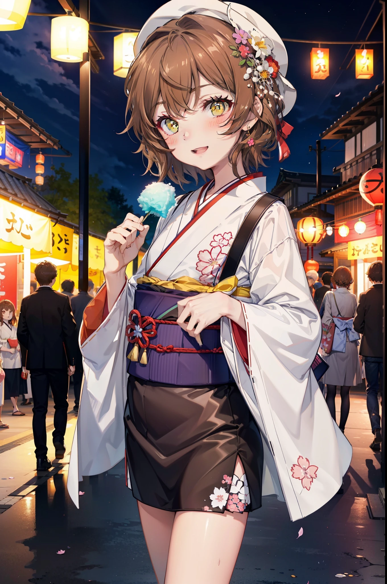 Lililukarde,  (Brown eyes:1.7), Brown Hair, (Flat Chest:1.2), short hair,smile,blush,Open your mouth,night,Brown kimono,mini skirt,He is holding cotton candy in his right hand and a clear bag full of cotton candy in his left hand.,Japanese Festivals,Summer festival food stalls,Red lantern,whole bodyがイラストに入るように,
break looking at viewer,whole body, (Cowboy Shot:1. 5),
break outdoors, Veranda,
break (masterpiece:1.2), Highest quality, High resolution, unity 8k wallpaper, (figure:0.8), (Beautiful attention to detail:1.6), Highly detailed face, Perfect lighting, Highly detailed CG, (Perfect hands, Perfect Anatomy),
