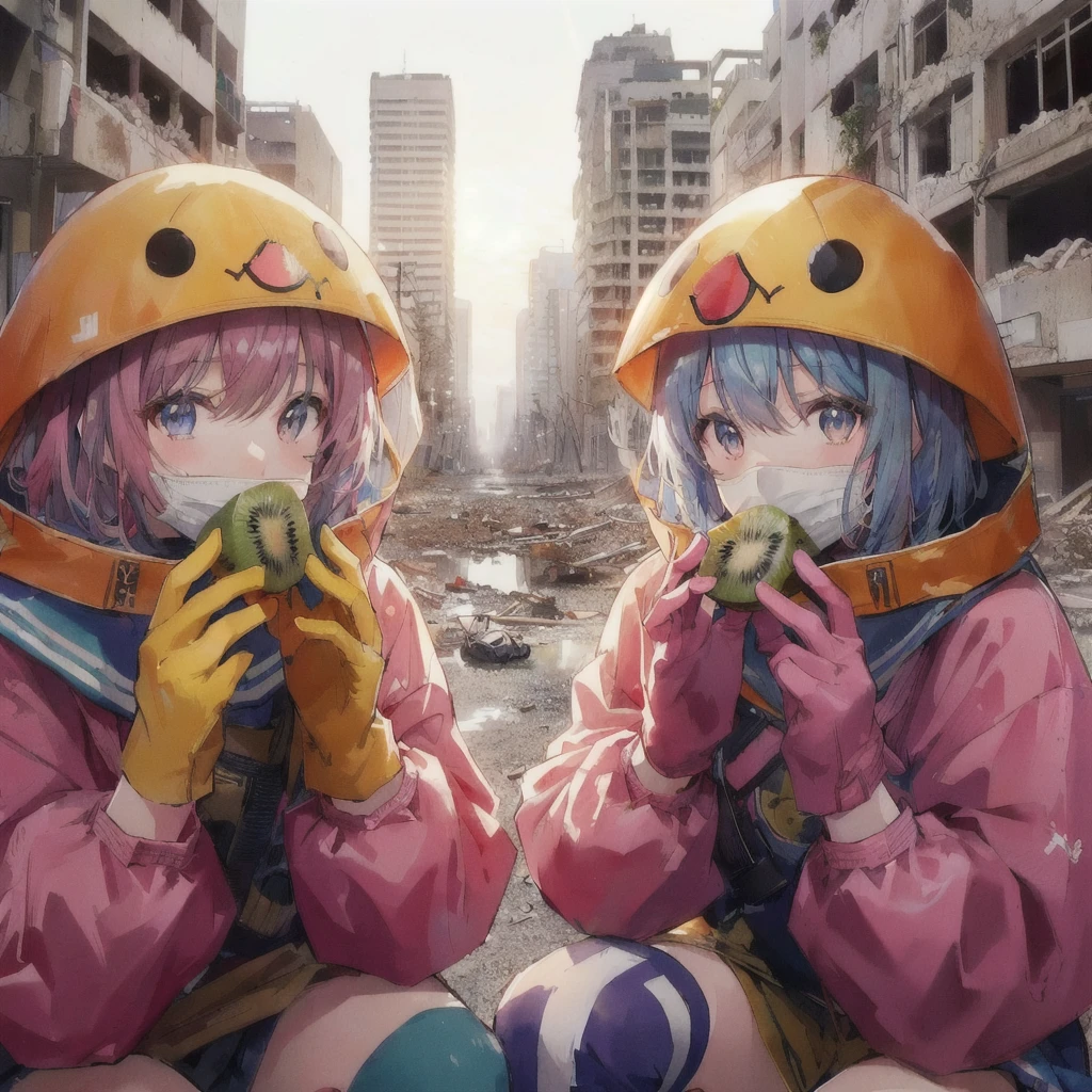 Sitting on the ground eating kiwi、黄色い防災頭巾を着たAnime, Destroyed city and buildings, Anime Style 4 k, Gweiz-style artwork, Anime, Anime Styled digital art, two beautiful Anime, 80年代のAnime Style, Anime Style illustration, Anime Style. 8k, Anime Style artwork, everyone, Anime Wallpaper, Anime Art Wallpapers 8K, 4KAnime Wallpaper