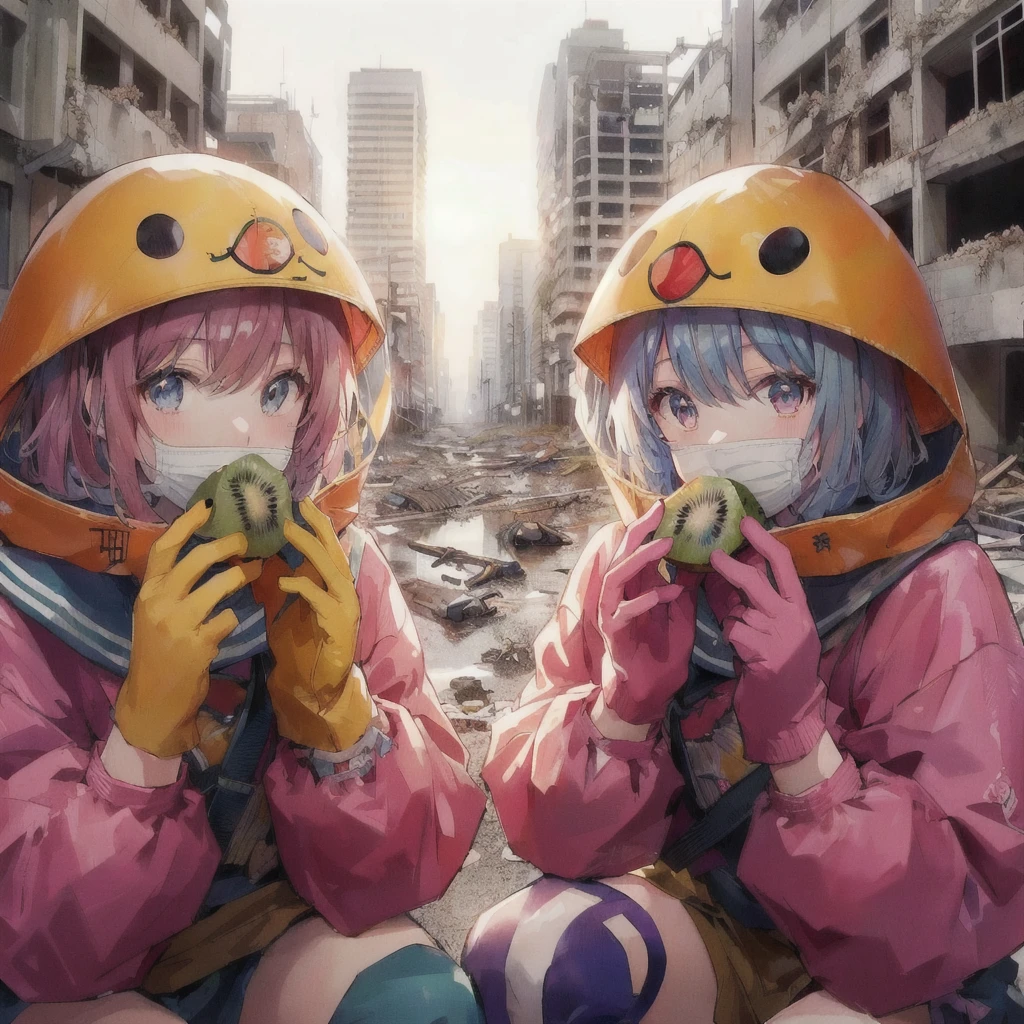 Sitting on the ground eating kiwi、黄色い防災頭巾を着たAnime, Destroyed city and buildings, Anime Style 4 k, Gweiz-style artwork, Anime, Anime Styled digital art, two beautiful Anime, 80年代のAnime Style, Anime Style illustration, Anime Style. 8k, Anime Style artwork, everyone, Anime Wallpaper, Anime Art Wallpapers 8K, 4KAnime Wallpaper