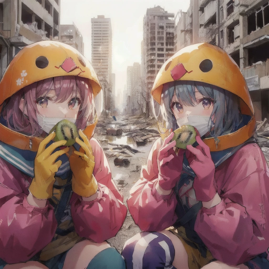 Sitting on the ground eating kiwi、黄色い防災頭巾を着たAnime, Destroyed city and buildings, Anime Style 4 k, Gweiz-style artwork, Anime, Anime Styled digital art, two beautiful Anime, 80年代のAnime Style, Anime Style illustration, Anime Style. 8k, Anime Style artwork, everyone, Anime Wallpaper, Anime Art Wallpapers 8K, 4KAnime Wallpaper