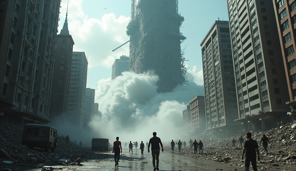 City hit by earthquake, skyscraper collapses, add realistic HD devouring tsunami