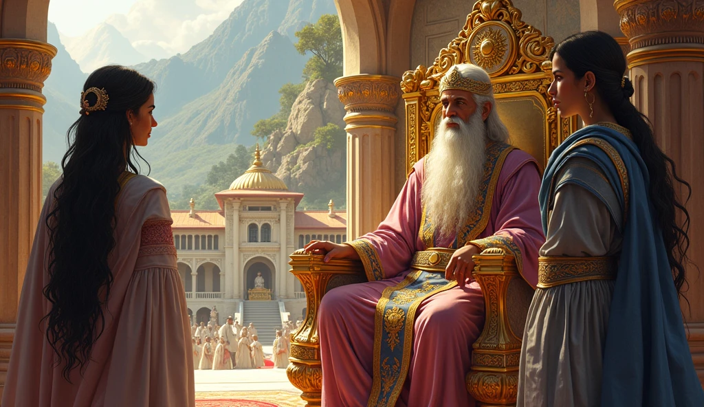"A grand palace set in the lush, mountainous region of Gandhara. King Subala, an older man with a regal bearing, long flowing beard, and royal robes in gold and deep purple, sits on his throne. Beside him stands Shakuni, a young prince with sharp features, dark eyes full of intelligence, dressed in blue and silver royal attire with a simple crown. Gandhari, a vision of grace with long dark hair, wears a soft pastel sari, and her gentle expression reflects her inner strength. The scene is bathed in golden sunlight, reflecting the kingdom's glory and prosperity