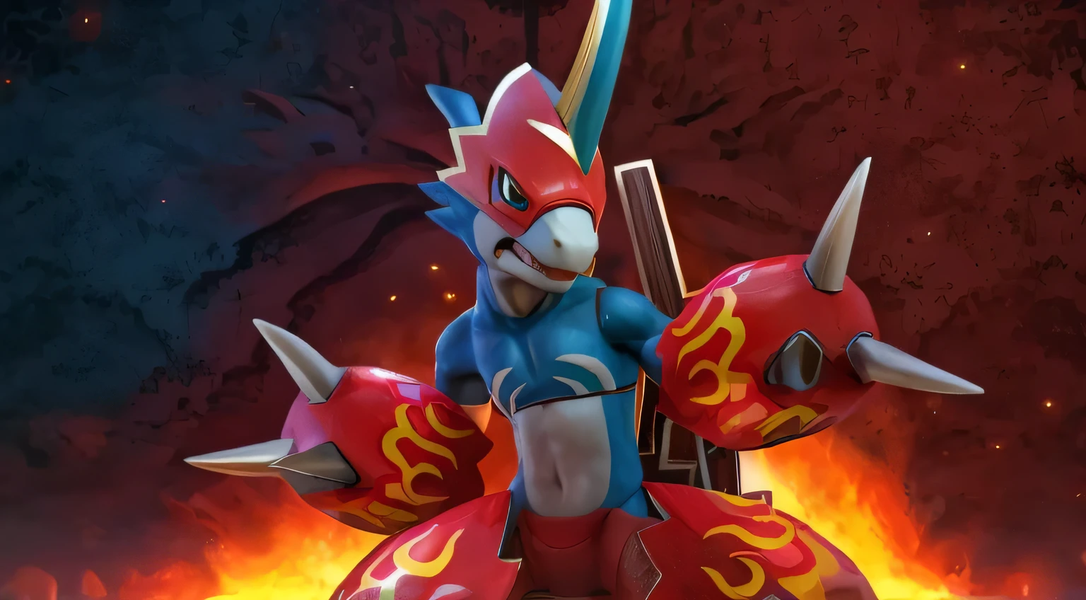 masterpieces,official art,The second,male,flamedramon,the original flamedramon,original claws with flames,angry face,determined eyes,hull, digimon, Upper part of the body, depth of field, perfect lighting,(Best Quality),(masterpiece),(ultra detailed),sharp focus,light particles, 3D, ssbu style, ssbu CGI style