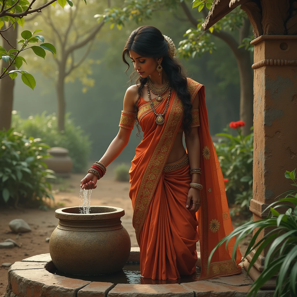 A woman who is washing cloth on the ghat who looks very beautiful and she is wearing a sari is green