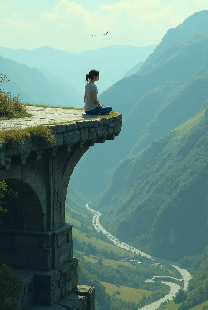 One girl sating a high way bridge
