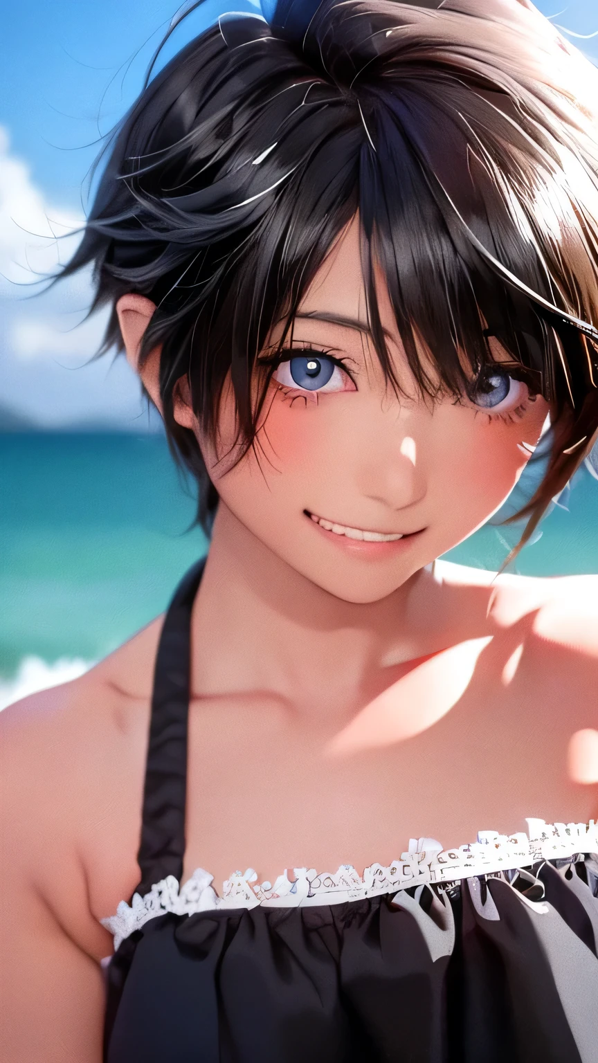Highest quality、Realistic、、zoom、Women、a little child、cute、Light grey eyes、Black Hair、Short Hairstyles、Tanned brown skin、Dark Skin、Light blue micro bikini、Ocean、A captivating smile、Bust Shot、smile