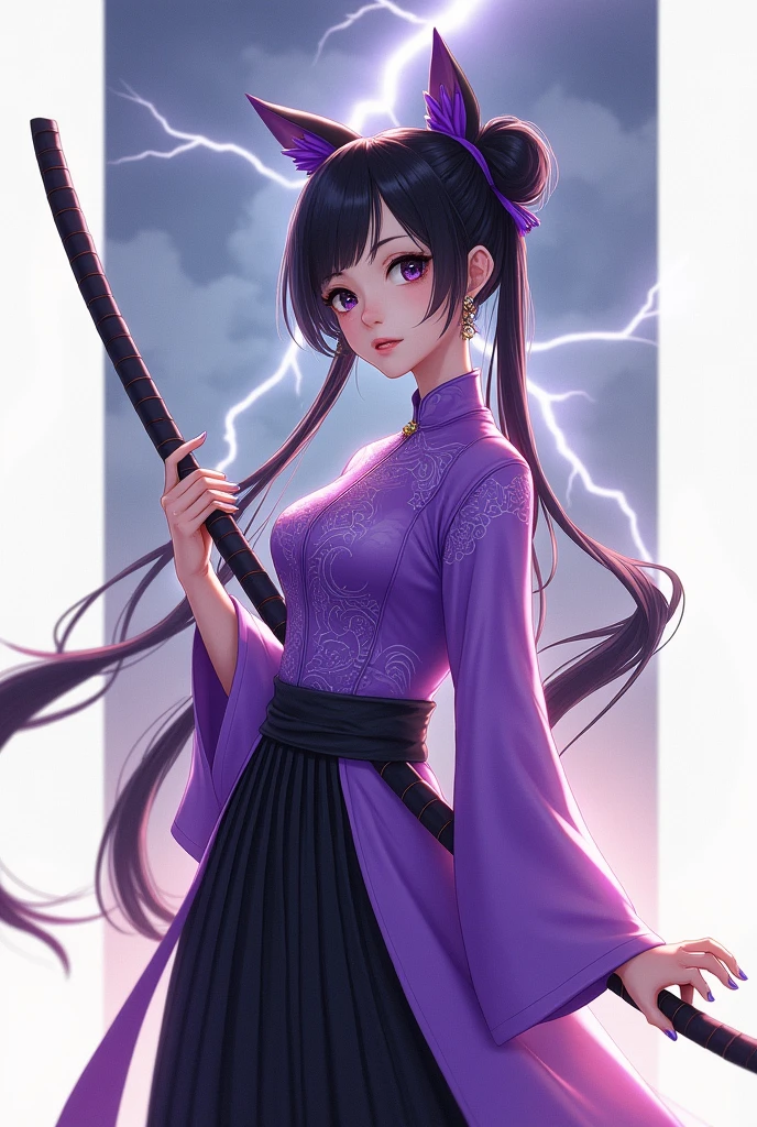 masterpiece, best quality,Chinese style girl No.1, Jewelry, Solitary, earrings, necklace, Smile, Black Hair, breast, cleveage, View Viewer, White background, The machine shows long hair,, black eyes, 中等breast, Chinese clothes，Purple double ponytail girl，Purple cat ear buns，Purple moire-patterned cheongsam on a white background，black短款百褶裙，black，Holding a sword，Lightning Effect，thunder，Perfect Light, (8K, RAW photos, best quality, masterpiece:1.2), (Practical, Photo-real:1.4), (Extremely detailed CG unifies 8K, 8K, diamond, and wallpaper),
