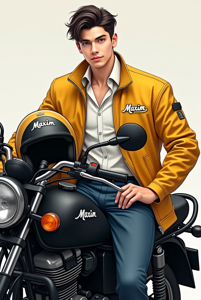 a young man who is smiling. He was wearing a yellow jacket with writing on it. "Maxim" on the right chest. Behind the jacket, he is wearing a white shirt. Her hair was neatly arranged in a sleek style., and he SIT on a black motorbike. His right hand holds a helmet with the words "Maxim".  This man looks confident and comfortable with his appearance..