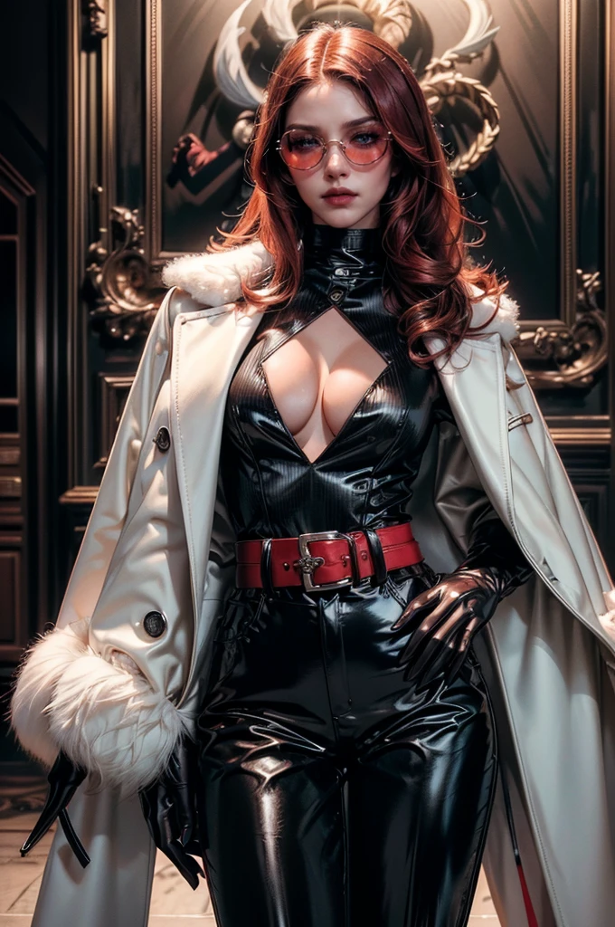 [cowboy shot], a beautiful young woman with long red hair, detailed facial features, ((wearing high quality high waist black vinyl pants)), ((a formal white colored top with cleavage and long sleeves)), ((a white fur coat on shoulders)), ((luxury waist belt)), ((red tinted glasses)), ((black leather gloves)), ((expensive reflective silk scarf)), (best quality,4k,8k,highres,masterpiece:1.2),ultra-detailed,(realistic,photorealistic,photo-realistic:1.37),high fashion,editorial,dramatic lighting,cinematic,vivid colors,intricate details, glamorous, vnylpvc