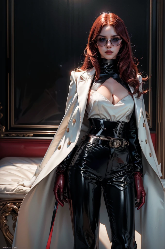 [cowboy shot], a beautiful young woman with long red hair, detailed facial features, ((wearing high quality high waist black vinyl pants)), ((a formal white colored top with cleavage and long sleeves)), ((a white fur coat on shoulders)), ((luxury waist belt)), ((red tinted glasses)), ((black leather gloves)), ((expensive reflective silk scarf)), (best quality,4k,8k,highres,masterpiece:1.2),ultra-detailed,(realistic,photorealistic,photo-realistic:1.37),high fashion,editorial,dramatic lighting,cinematic,vivid colors,intricate details, glamorous, vnylpvc