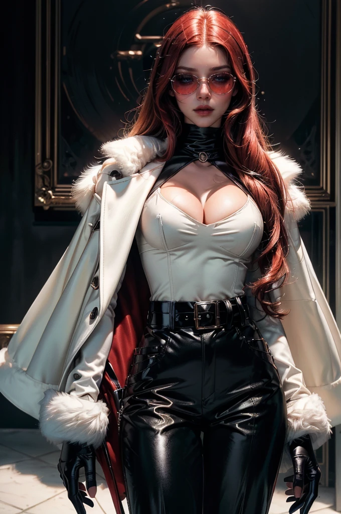 [cowboy shot], a beautiful young woman with long red hair, detailed facial features, ((wearing high quality high waist black vinyl pants)), ((a formal white colored top with cleavage and long sleeves)), ((a white fur coat on shoulders)), ((luxury waist belt)), ((red tinted glasses)), ((black leather gloves)), ((expensive reflective silk scarf)), (best quality,4k,8k,highres,masterpiece:1.2),ultra-detailed,(realistic,photorealistic,photo-realistic:1.37),high fashion,editorial,dramatic lighting,cinematic,vivid colors,intricate details, glamorous, vnylpvc