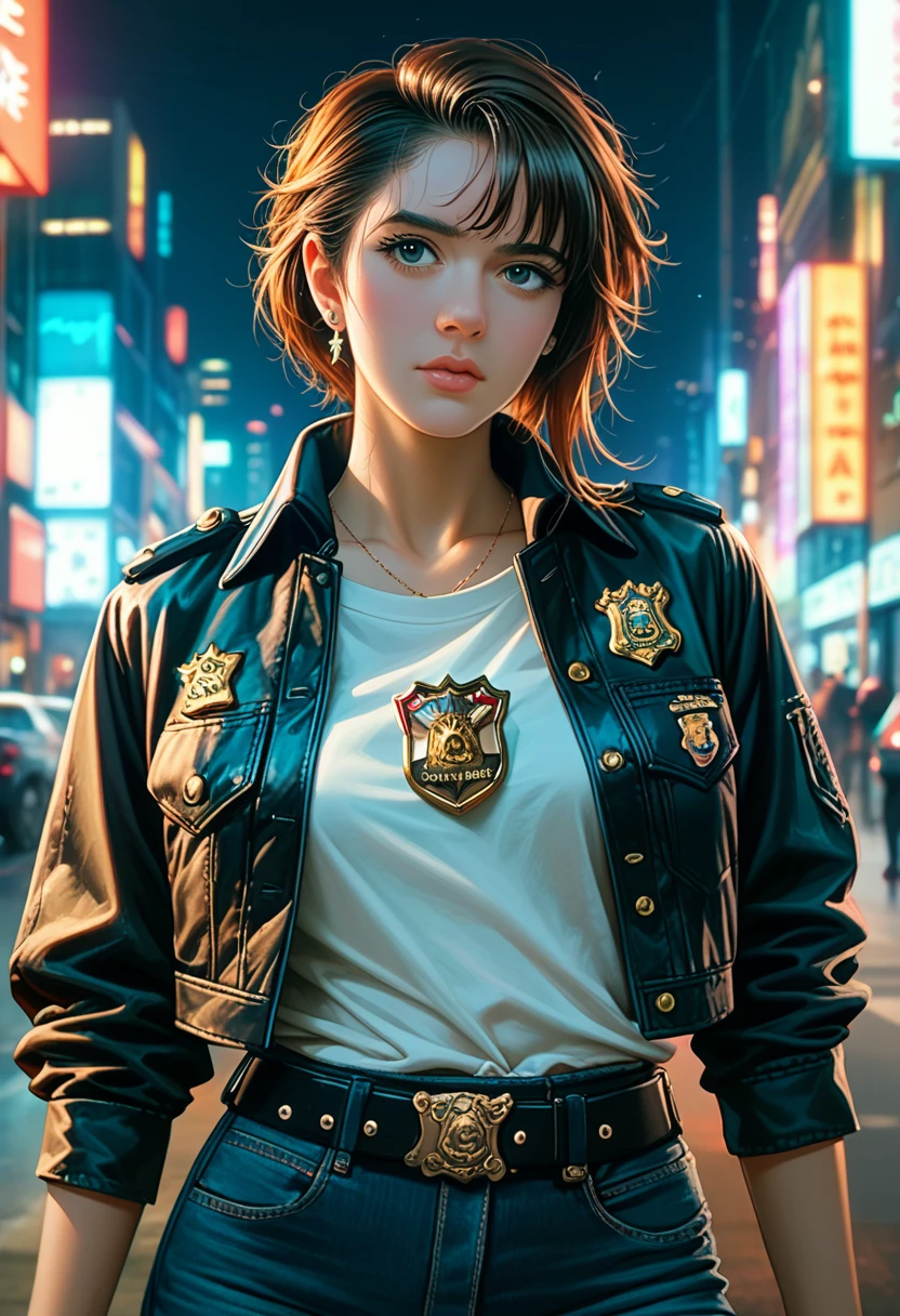 Portrait of natlp as a beautiful female model, georgia fowler, beautiful face, with short dark brown hair, in cyberpunk city at night. She is wearing a leather jacket, black jeans, dramatic lighting, (police badge:1.2)