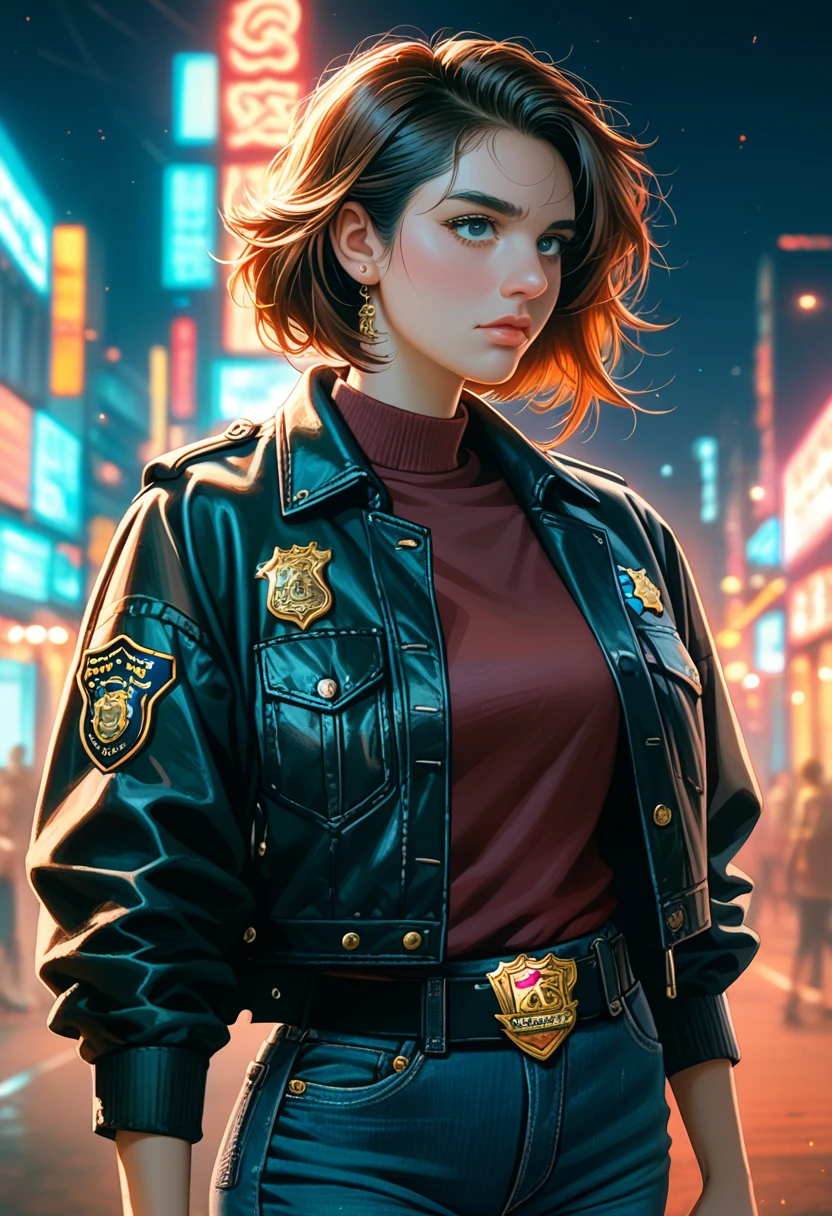 Portrait of natlp as a beautiful female model, georgia fowler, beautiful face, with short dark brown hair, in cyberpunk city at night. She is wearing a leather jacket, black jeans, dramatic lighting, (police badge:1.2)