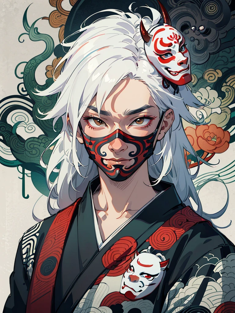 Realism, masterpiece, best quality, beauty and aesthetics, very detailed, fractal art, colorful, most detailed, zentangle, abstract background: 1.5, 1 boy: 1.3, white hair, long hair, ((wearing a hannya mask)), ((wearing an oni mask)), face fully covered, masked, mysterious