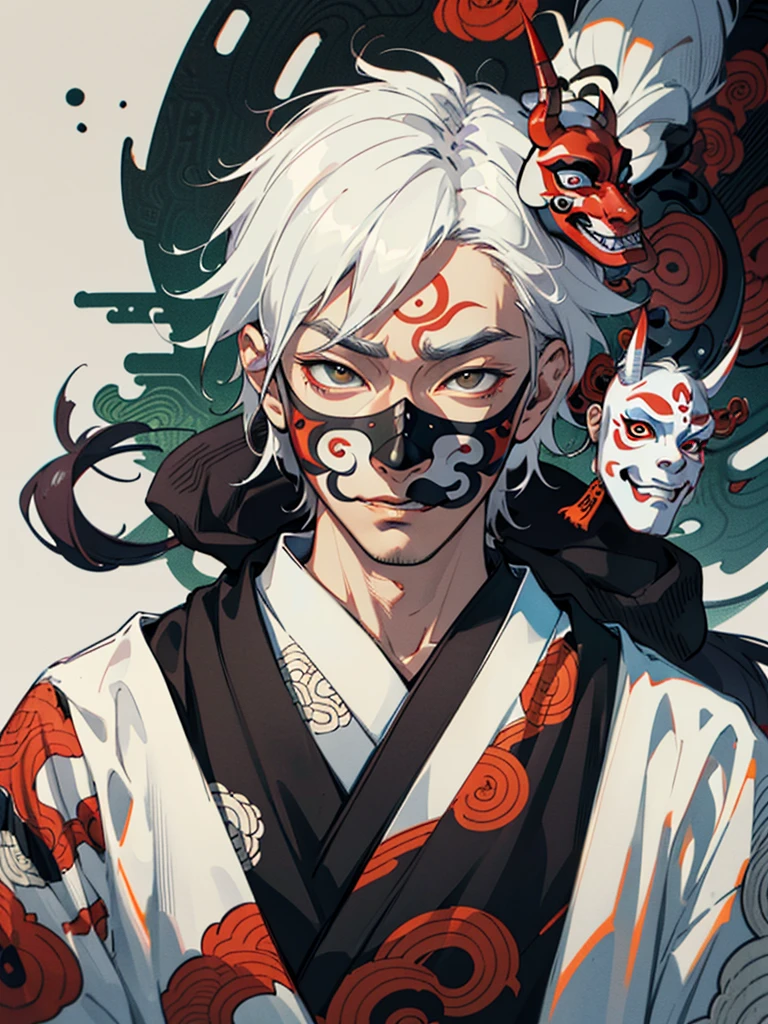 Realism, masterpiece, best quality, beauty and aesthetics, very detailed, fractal art, colorful, most detailed, zentangle, abstract background: 1.5, 1 boy: 1.3, white hair, long hair, ((wearing a hannya mask)), ((wearing an oni mask)), face fully covered, masked, mysterious, asian style