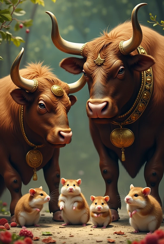 A Rich family of bulls playing with their baby poor hamsters