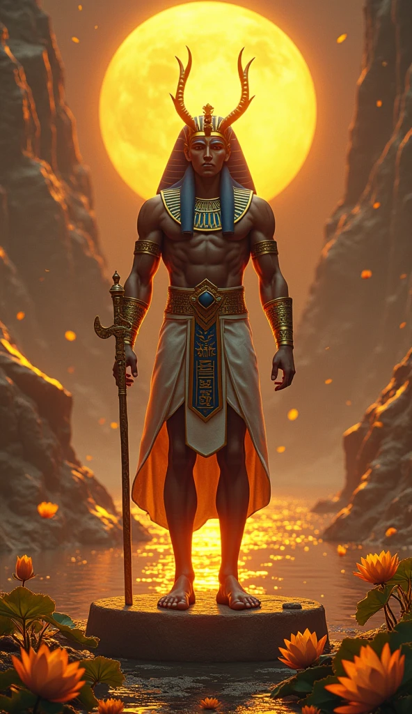 Design an image of Atum from Egyptian mythology overseeing the creation of life. Atum is depicted as a powerful, majestic figure, standing on the primordial mound with a golden ankh in one hand and a staff in the other. He is surrounded by symbols of life and creation, such as the scarab beetle, lotus flowers, and the sun. The background is a vibrant scene of the Nile River, with life flourishing around it, including animals, plants, and people. Use masterpiece, best quality, CG, wallpaper, HDR, high quality, ultra detailed face, cinematic, high detail, 8k, raw, high, artstation HQ, unreal engine, octane renderer, 4k resolution, hyperrealistic, highly detailed, and absurdres settings