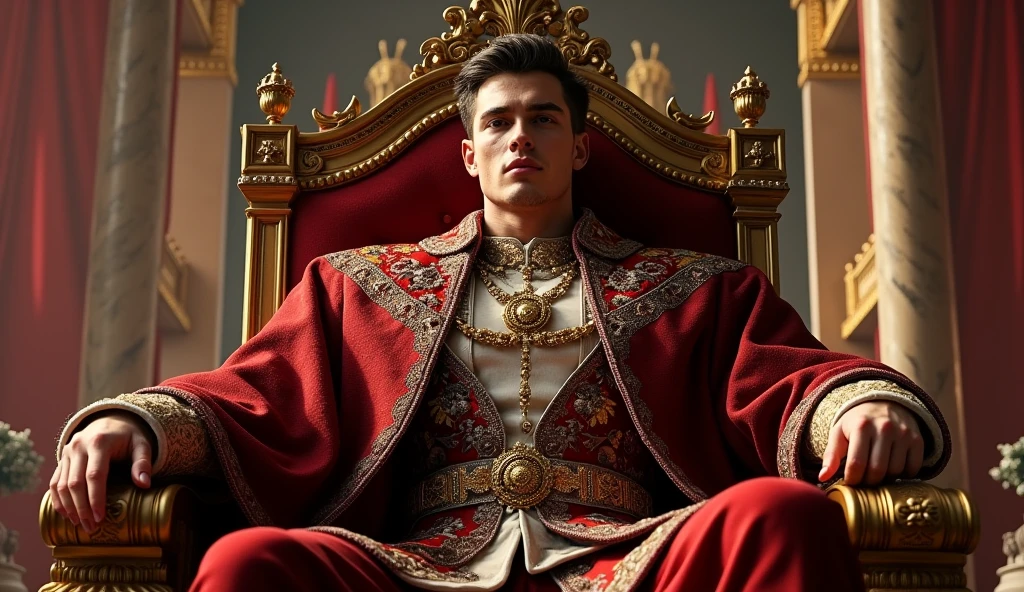 A handsome and young man has become a male king based on a kingdom and sits in the palace with a solemn face with a very strong alpha aura and wears a king's robe..