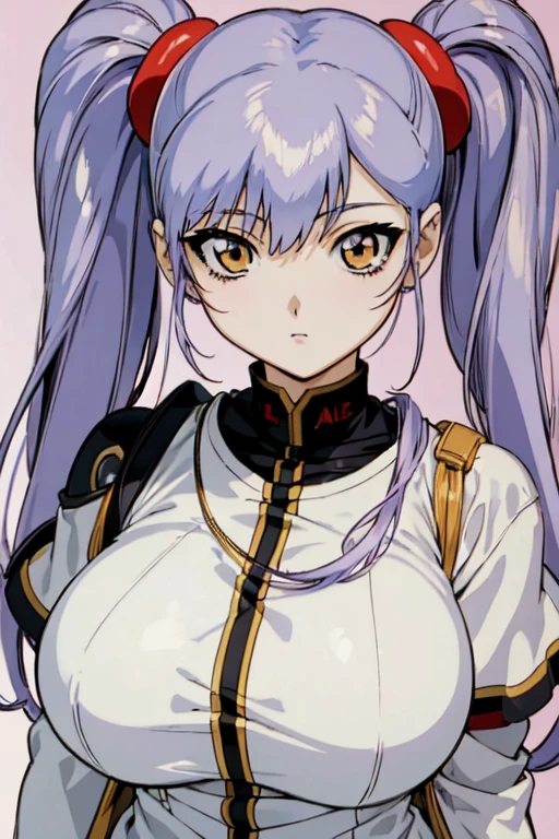 (awe face),    (masterpiece), (best quality), detailed face, anime \(style\), hoshino_ruri_(nadesico), 1girl, looking at viewer, purple hair, yellow eyes, twintails, hair ornament, military, military uniform, (paizuri, torsion, ), (huge breasts), 