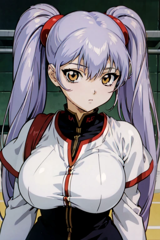 (awe face),    (masterpiece), (best quality), detailed face, anime \(style\), hoshino_ruri_(nadesico), 1girl, looking at viewer, purple hair, yellow eyes, twintails, hair ornament, military, military uniform, (paizuri, torsion, ), (huge breasts), 