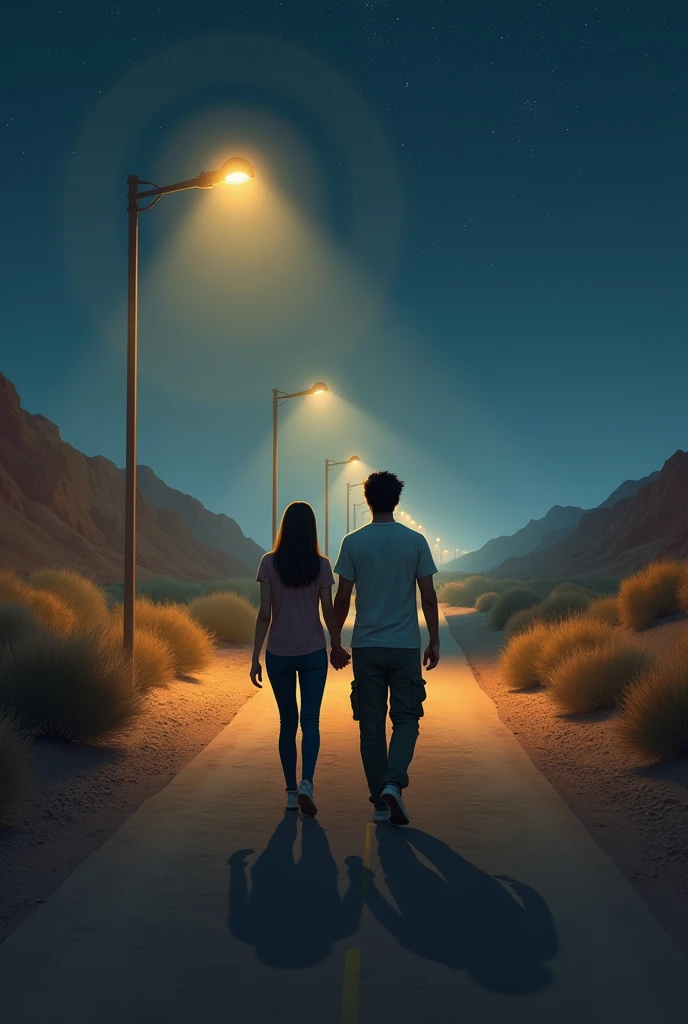 Desert factory city road. Middle of the desert factory city beside desert bushes. Lone street with sodium street light. Couple walking holding each others hand. Night is starry. Weather is light cold and a bit foggy. Beautiful Girl age 32, weight 55kg, hight 5'2", straight hair, full sleeve t-shirt and jeans. handsome man age 34, weight 85kg, hight 5'7"straith silky hair, wearing t-shirt and cargo pant. Man has straight silky 6" hair. Its a road in factory city, girl wearing full sleeve. Real image.