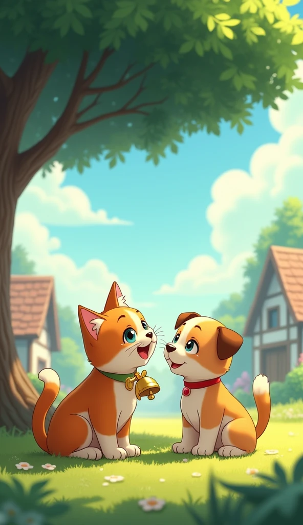 Cartoon anime 3D characters of The cat is overjoyed as the puppy brings the bell back to her. She purrs and licks his nose, showing her gratitude. They sit under a large, shady tree, with the village in the background, symbolizing their friendship.