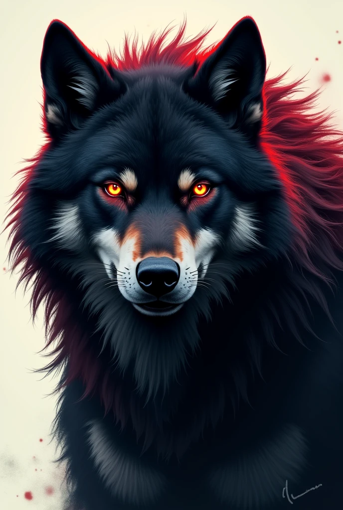 Well detailed wolf fierce intimidating well detailed perfect black red white for profile picture with eyes of fire 