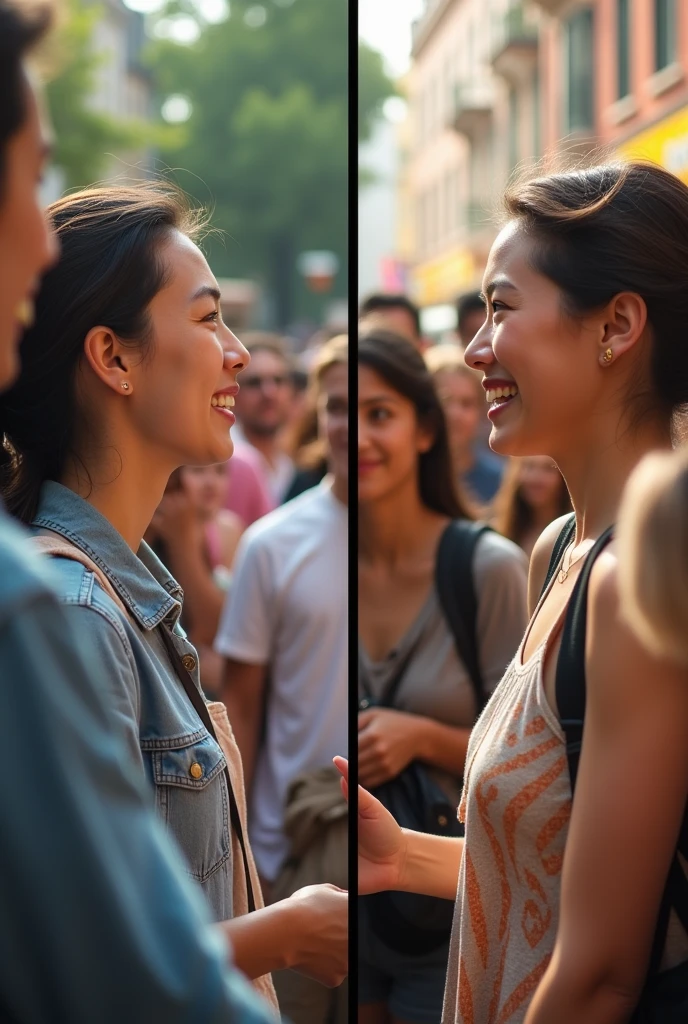 A before-and-after scenario: In the "before," tourists are confused, and in the "after," they are happy and enjoying the tour due to the guide’s language skills.