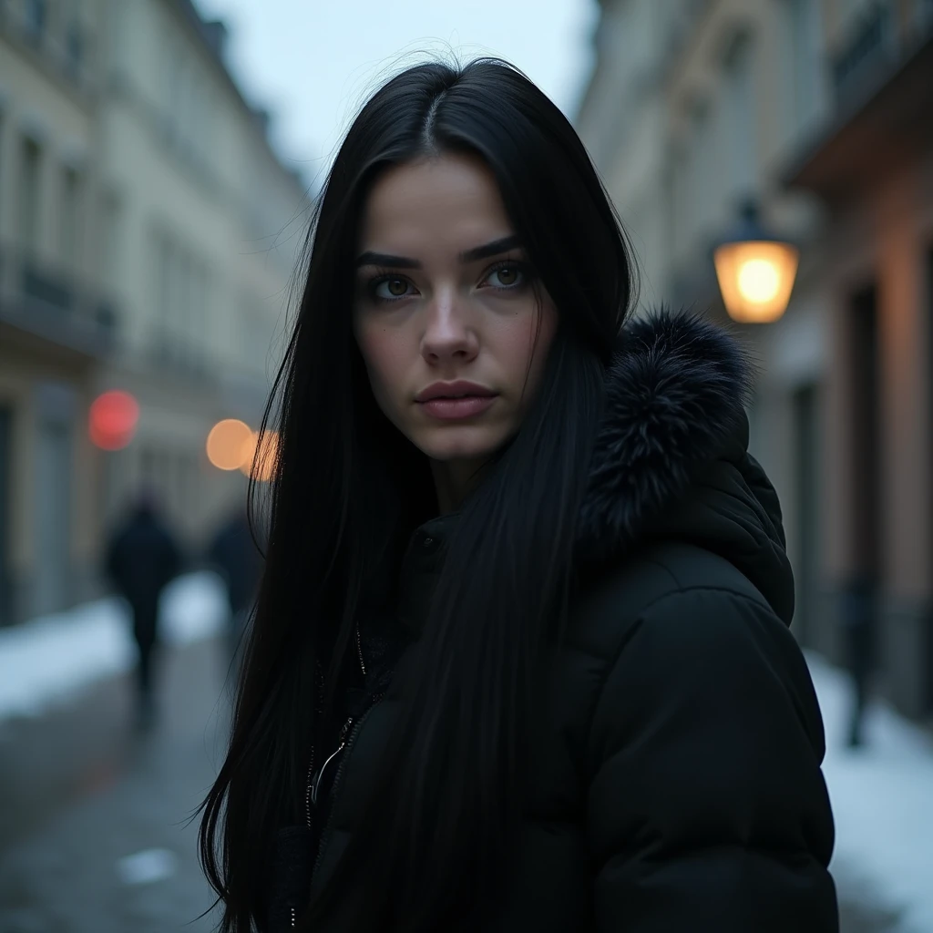 woman、30 years old、White、Long Hair、Black Hair、Straight Hair、Baby Face、Lonely、stoic、intellectual、Cold look、Lonely、mysterious、Muscular、Winter clothes、coat、Streets of Europe