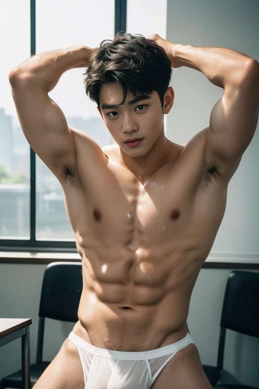 Shota, boy, , Very youn, Amazing schscenery, in the middle of Crowded classroom, classroom on the background, crowded people, sunny day, he wore a very small transparent see through thong covering half of his big hard dick, he wore highschool cap in his head, dickprint, Sweat dripping all over the body, sweat covering all over the body, Full body photo, wearing Very tiny thong, Proudly showing off his sweaty very hairy armpits to audience in music concert area, completely naked just wearing thin Tiny white thong, very young boy, Cinematic soft lighting illuminates a stunningly detailed and ultra-realistic handsome korean male supermodel, ultra messy curly hair, clear honey eyes, captivating perfect smile, sensual, hot man, insanely handsome, showing off his sweaty body, very sixpack muscular body build, slender, toned, full body, 8k, photography, masterpiece, detailed face, detailed eyes, sexy, beautiful abdomen and beautiful legs and a detailed big hard bulge, expression of ecstasy, excited, slim, detailed eyes and lips, sixpack and fit body. Image quality is of the highest standard, with ultra-detailed features and a realistic appearance. The colors are bright and vibrant, enhancing the overall aesthetic. The lighting is soft and natural, casting a soft glow on the boy, don't merge body's