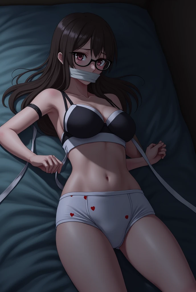sekijou sawako, shibari, bondage, bound, brown hair, long hair, black eye glasses, arms up, stripped, best quality, ultra-detailed, high resolution, extremely detailed cg, unity 8k wallpaper, masterpiece, perfect body, anime picture, femsub, BDSM, multiple heart design classic white panty, black bra, small breasts, at night, lying down, in bed, dark room, teary-eyed, gagged, over the mouth gag, duct tape, Sekijou Sawako, gym storeroom, wrist tied up tight together behind her back, tied up legs, bracing