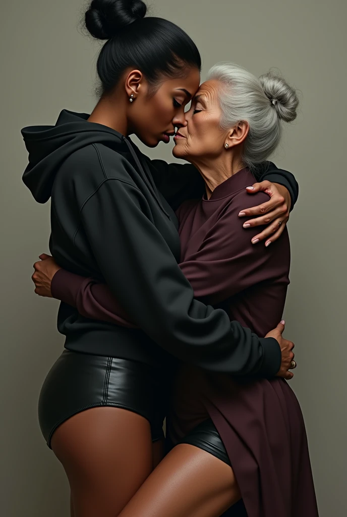 black woman hair in a bun black hoodie black leather short shorts a old grandma in a dress in between her legs kissing her pussy