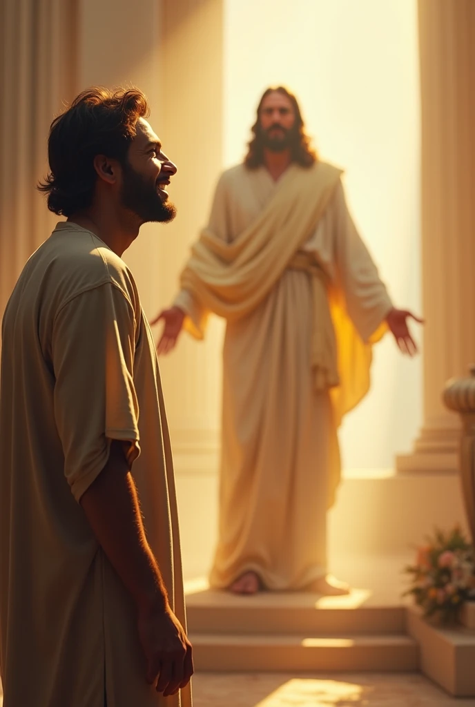 A happy Christian man stands infront of jesus christ 