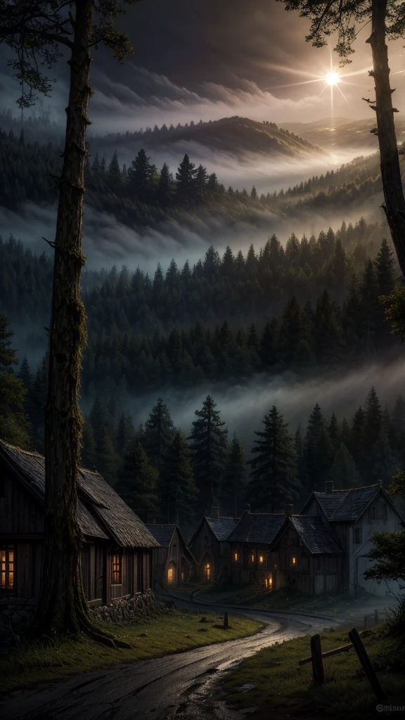 realistic dark oil painting of a medieval village at sunrise, moss, mist, misty, Eyeshadow, misterious, myth, dark, Light shining through the forest, surrounding, Depth of Field, Volumetric Lighting, Movie Lighting, Moody, heavy darkness, Black sky, low angle perspective, Courtesy of Evander Earle