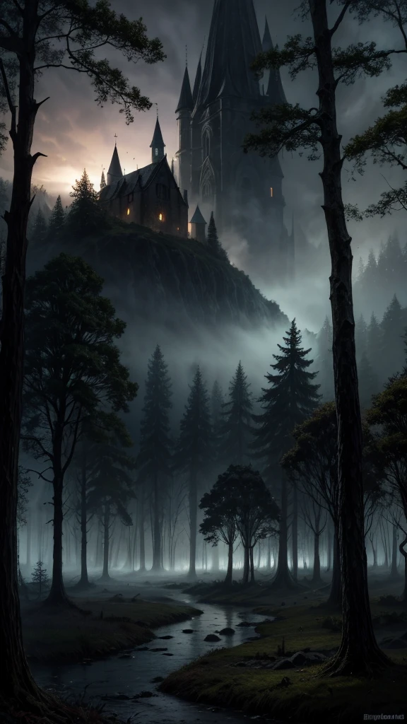 realistic dark oil painting of a medieval village at sunrise, moss, mist, misty, Eyeshadow, misterious, myth, dark, Light shining through the forest, surrounding, Depth of Field, Volumetric Lighting, Movie Lighting, Moody, heavy darkness, Black sky, low angle perspective, Courtesy of Evander Earle