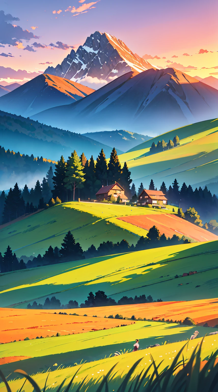 The image is a photograph of a beautiful landscape with a mountain range in the background. The sky is filled with orange and pink hues, indicating that it is either sunrise or sunset. The mountains are covered in green grass and trees, and the horizon is visible in the distance. In the foreground, there are several hay bales scattered across the field. The overall mood of the image is peaceful and serene.