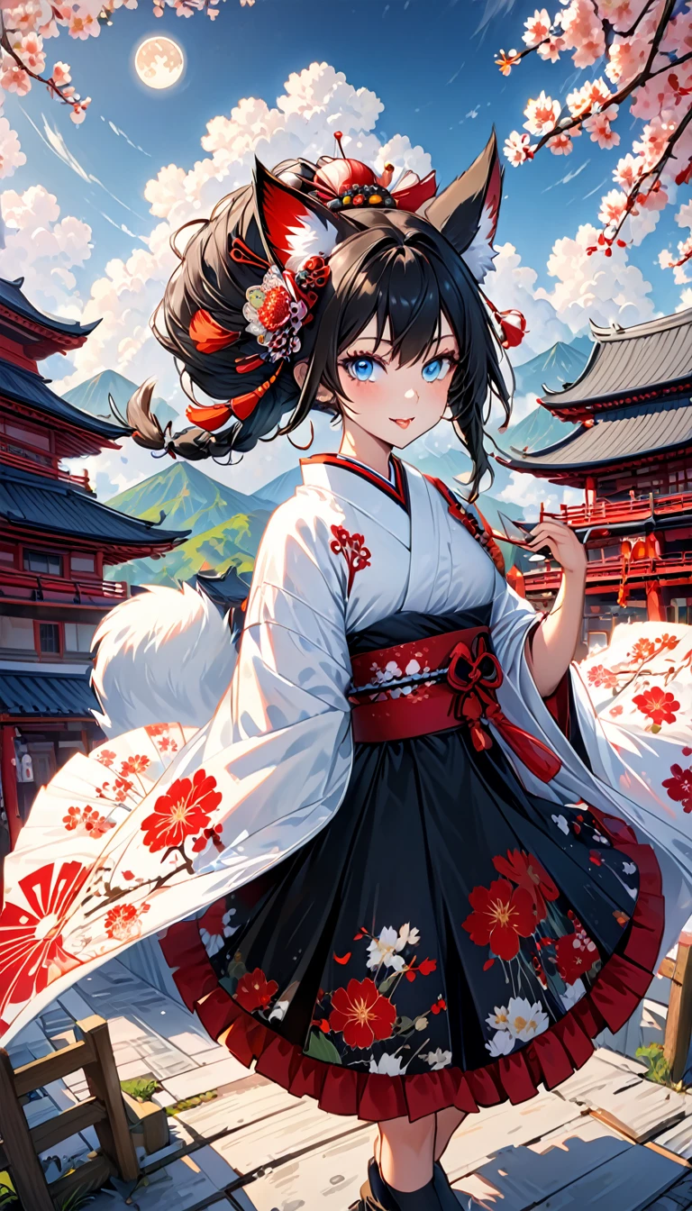 Ink painting, (((1 girl))), (((Tattoo in the middle of the forehead))),(((In the background is the Akatsuki moon))), (((Oiran))), (((Great hair accessories))), Demon possession, ((Masterpiece:1.2)), ((Highest quality)), Extremely detailed and delicate illustration style, Detailed leather texture, Detailed canvas texture, Very detailed description, (Masterpiece T), Extremely beautiful illustration, Highly detailed face, Raw image, professional, Ultra-high resolution panel, Complex details, Superior detail, Intricate decoration details, Perfect anatomy, real, (Very beautiful and cute black and white colored fox woman or girl with blue eyes wearing kimono), ((آذان الثعلب black hair, White hair, multicolor, the beautiful)), (Beautiful black and white colored fox tail), (black hair, White evil, Beautiful and shiny), (((She has claws on her hands.))), (((She has long fangs.))), (Beautiful and clear blue eyes), (Beautiful detailed eyes:1.6), (Traditional black and white detailed costume), Front view, White flower kimono, Black white colorful hakama long skirt, A maxi skirt, Modestly dressed, He smiles, ((Standing and looking at me)), ((The day)), (Extremely detailed and beautiful Japanese temple construction), (8K Highest quality wallpaper), (Extremely detailed and delicate background)