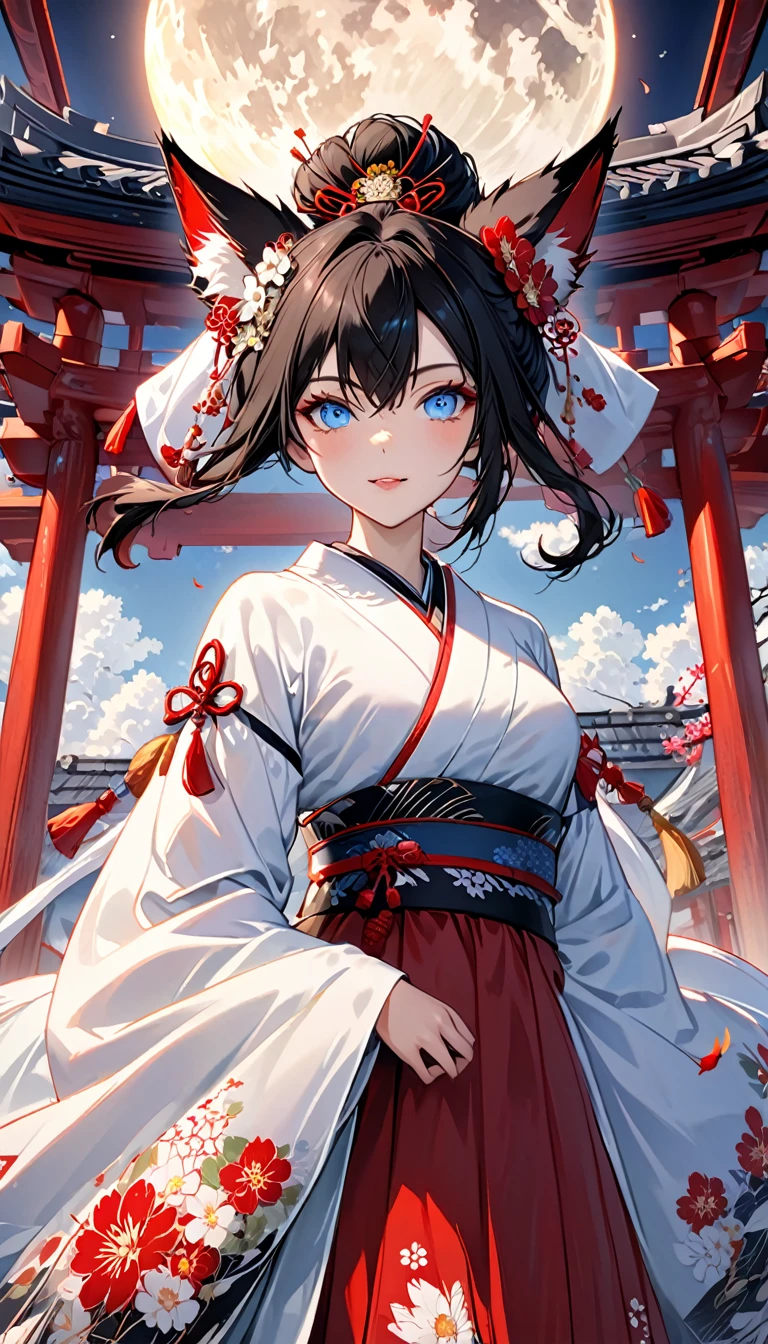 Ink painting, (((1 girl))), (((Tattoo in the middle of the forehead))),(((In the background is the Akatsuki moon))), (((Oiran))), (((Great hair accessories))), Demon possession, ((Masterpiece:1.2)), ((Highest quality)), Extremely detailed and delicate illustration style, Detailed leather texture, Detailed canvas texture, Very detailed description, (Masterpiece T), Extremely beautiful illustration, Highly detailed face, Raw image, professional, Ultra-high resolution panel, Complex details, Superior detail, Intricate decoration details, Perfect anatomy, real, (Very beautiful and cute black and white colored fox woman or girl with blue eyes wearing kimono), ((آذان الثعلب black hair, White hair, multicolor, the beautiful)), (Beautiful black and white colored fox tail), (black hair, White evil, Beautiful and shiny), (((She has claws on her hands.))), (((She has long fangs.))), (Beautiful and clear blue eyes), (Beautiful detailed eyes:1.6), (Traditional black and white detailed costume), Front view, White flower kimono, Black white colorful hakama long skirt, A maxi skirt, Modestly dressed, He smiles, ((Standing and looking at me)), ((The day)), (Extremely detailed and beautiful Japanese temple construction), (8K Highest quality wallpaper), (Extremely detailed and delicate background)