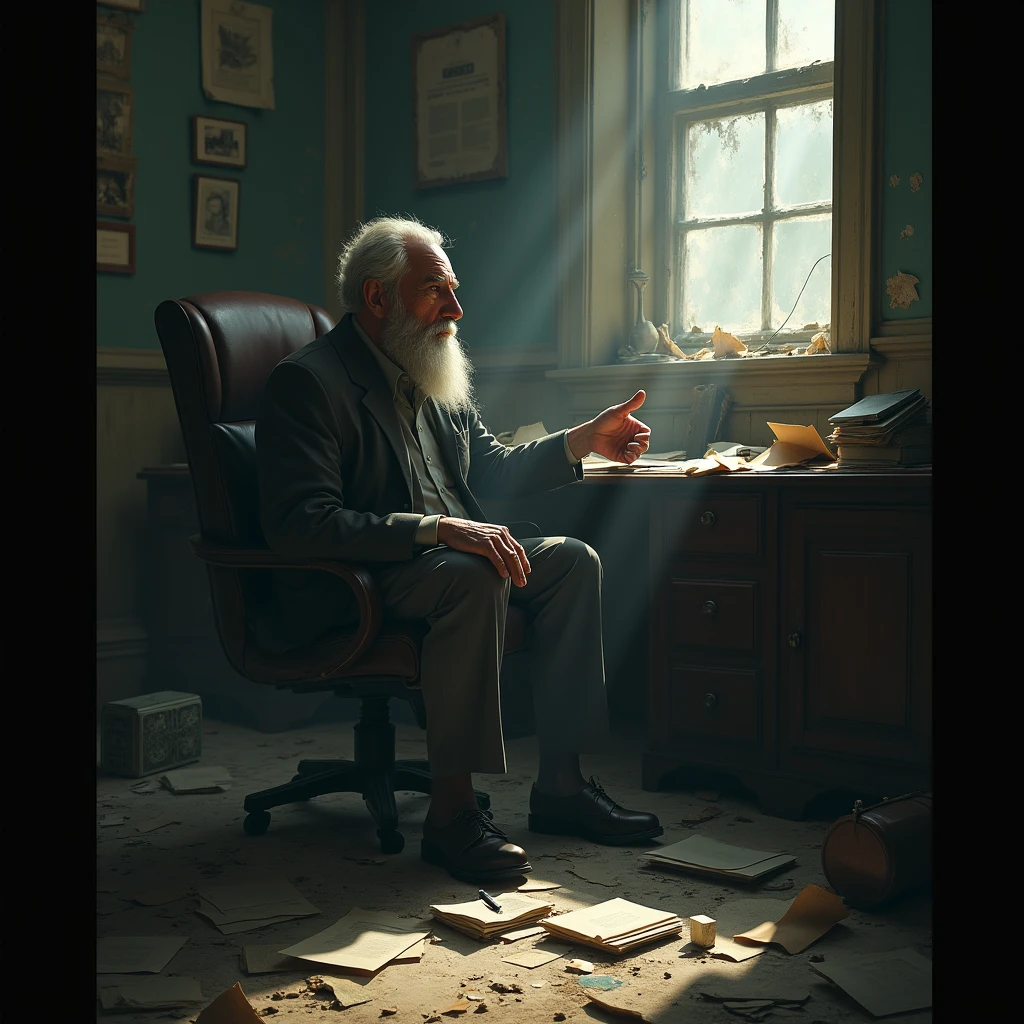 An old, abandoned office room is littered with documents and photos covered in dust. An old man, with a look of deep thought on his face, is explaining to him an old incident.