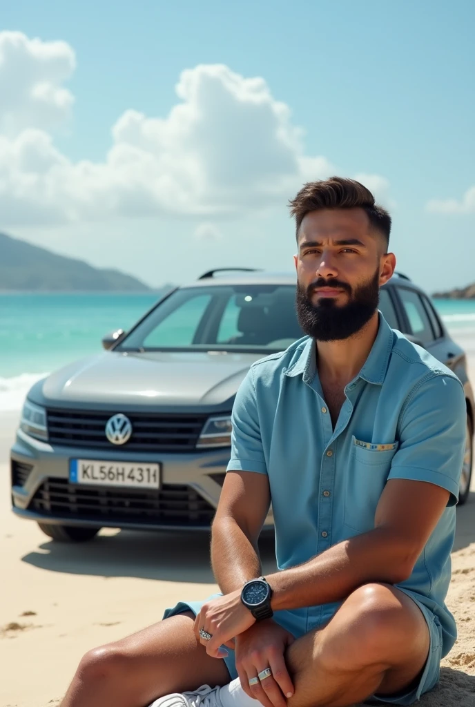 A boy with small beard sitting on side of beach. With a sky blue shrt , a shorts, white shoe, he having a watch on his right hang , black strapped digital watch . He wore a silver ring on his right hand middle fingure , in his back side a wagnor r car with gray colour . The number of car is kl56h4314