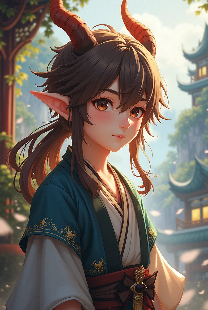 young and handsome boy, long brown hair, loose bangs, long pointed ears, has dragon horns, wears traditional oriental clothes and lives in the world of Genshin impact