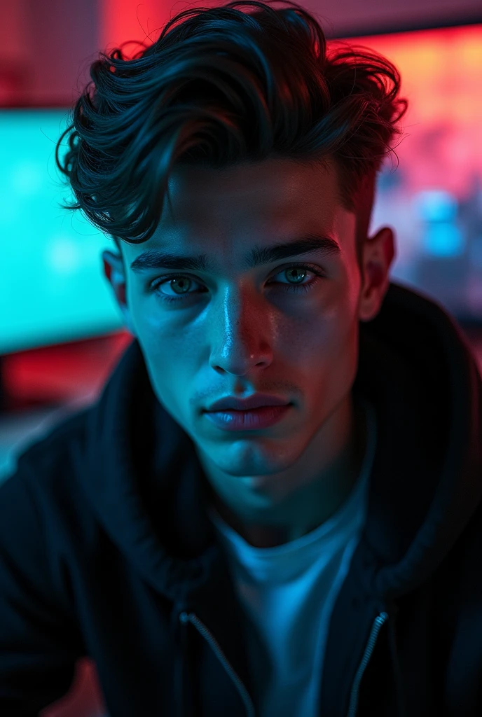 A handsome 2 young man is looking directly at the camera from a frontal perspective in a dark gaming room.