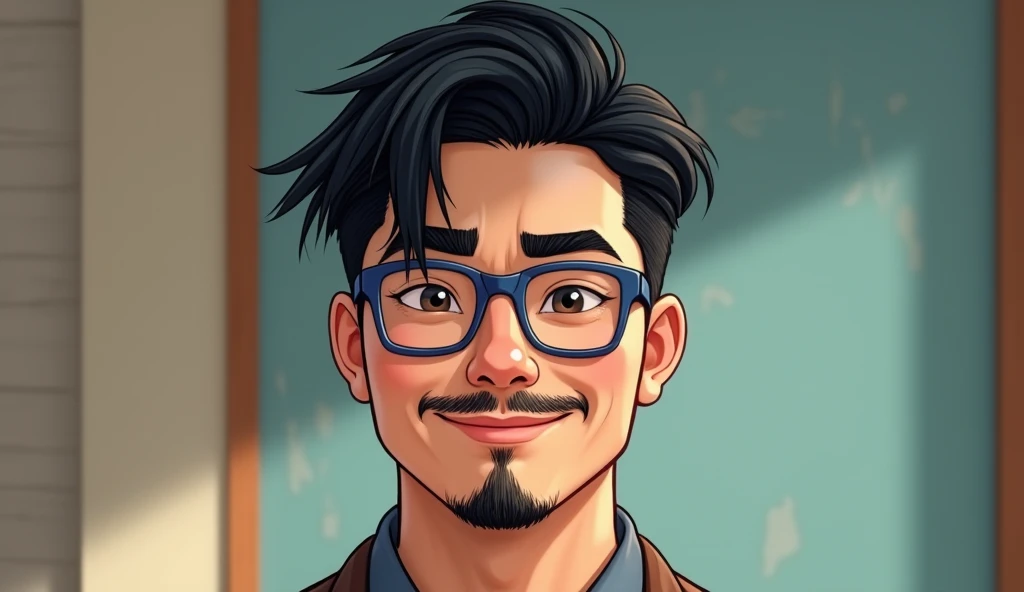 I&#39;m a guy with short, black, wavy hair with an American cut., with very black eyebrows, with a round face and a little cheeks, lips a little thick, I wear blue framed glasses with square lenses. I&#39;m 2 and I like games, thin black mustache and beard. In a somewhat Asian style I don&#39;t wear earrings.